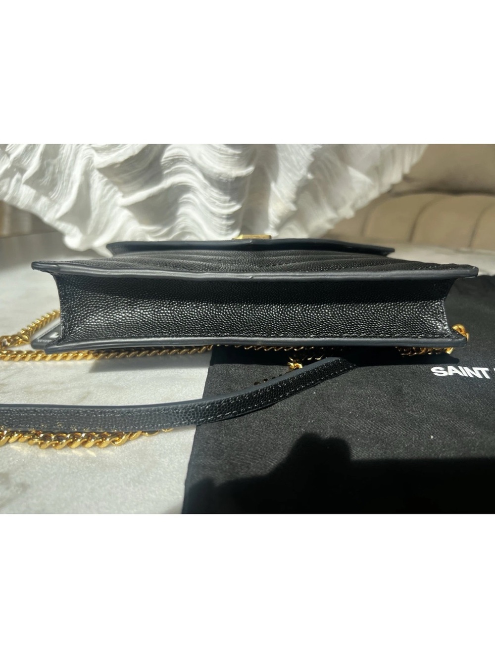 YSL Saint Laurent Black Gold Grained Cassandre Envelope Crossbody Clutch - Picture 5 of 6